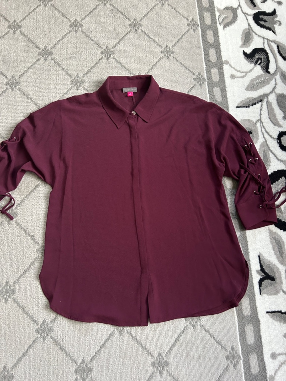 Vince Camuto Burgundy Lace-Up Sleeve Button Down Shirt